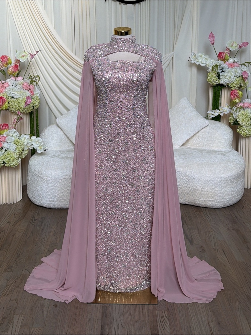 Sequin Embellished Pink Evening Gown with Cape